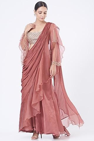 dusty pink organza draped saree set