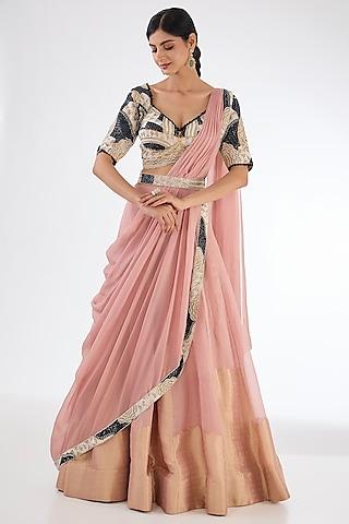 dusty pink organza shimmer draped lehenga saree set
