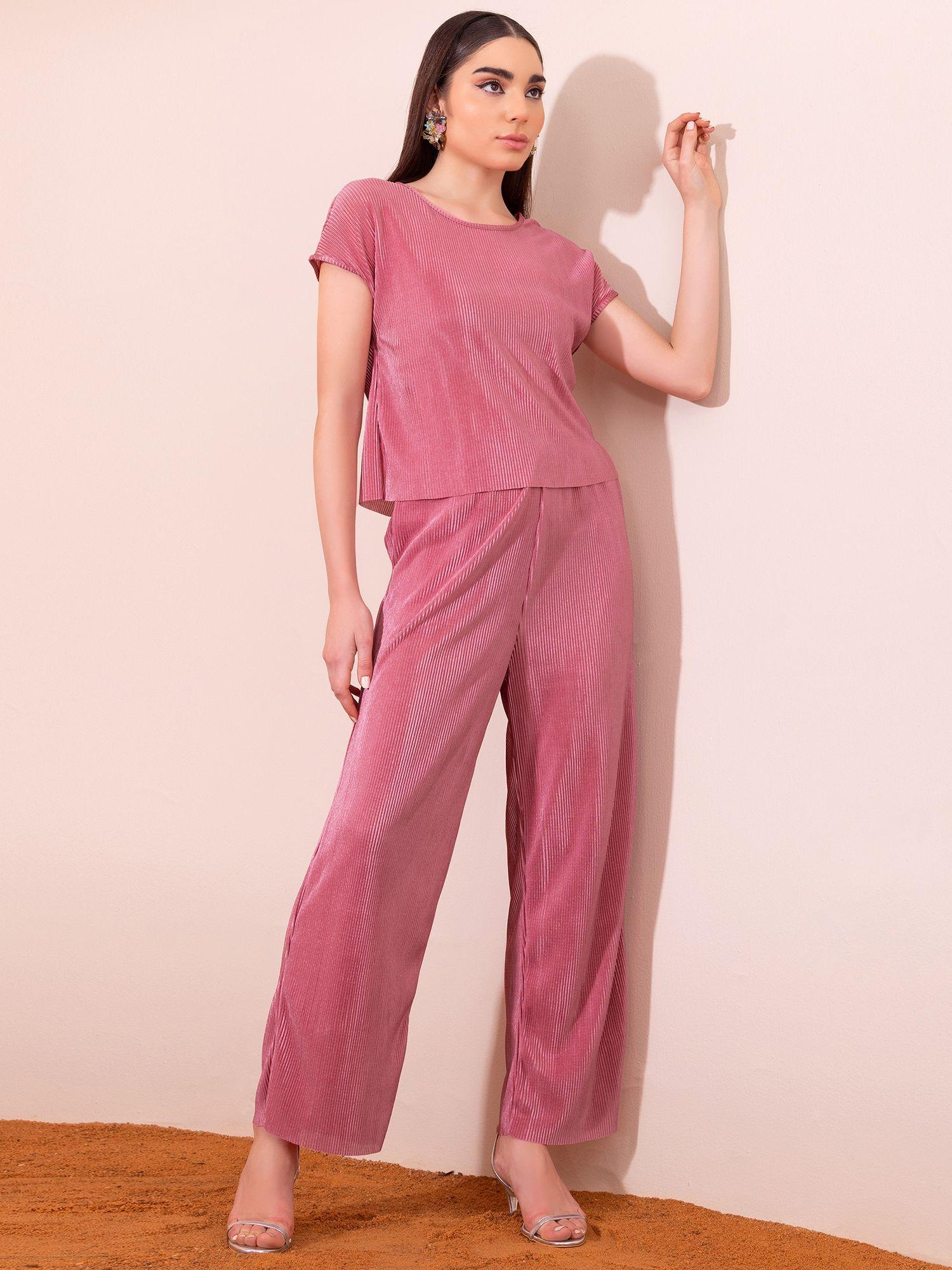 dusty pink pleated top and trouser co-ord (set of 2)