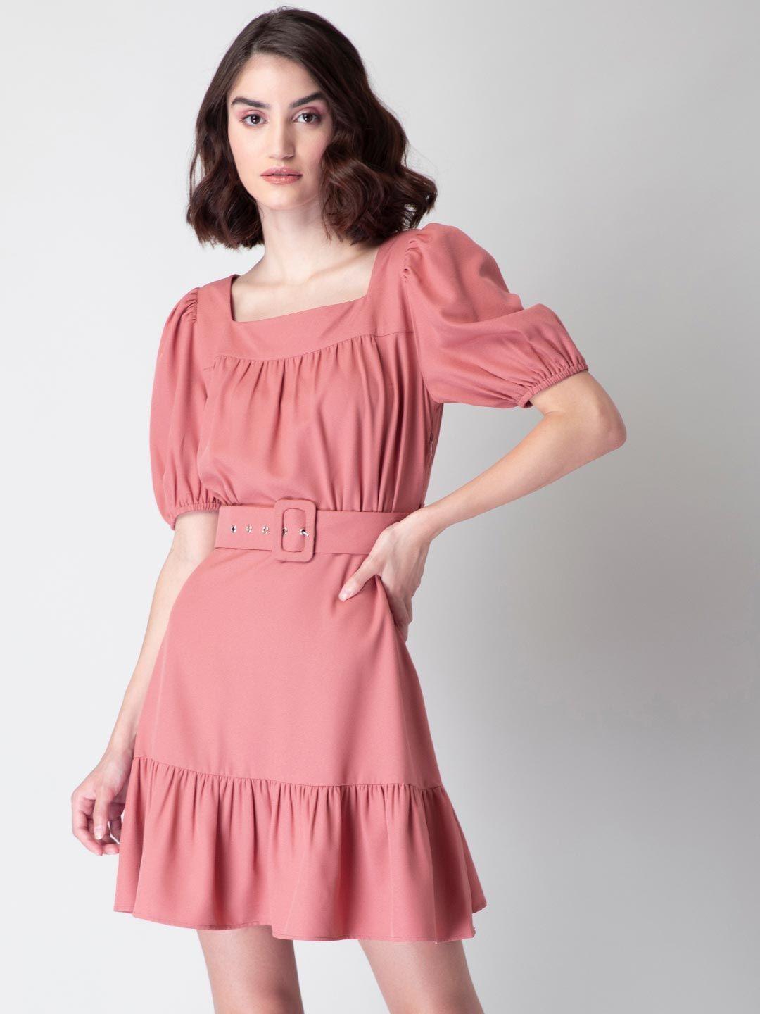 dusty pink puffed sleeve belted a-line dress
