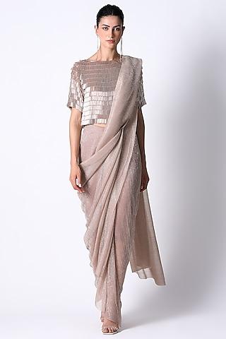dusty pink shimmer net pre-draped saree set