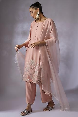 dusty pink silk chanderi embroidered kurta set