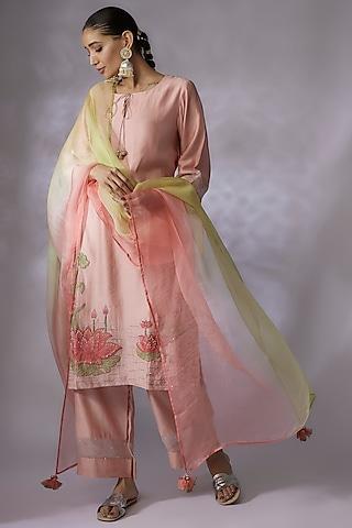 dusty pink silk chanderi hand embroidered kurta set