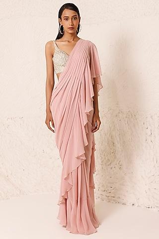 dusty pink silk georgette embellished drape saree set
