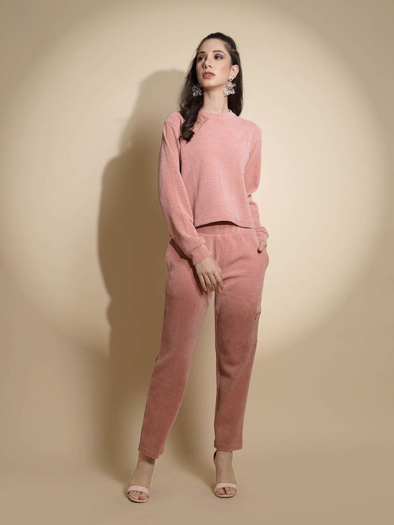 dusty pink textured round neck co-ord (set of 2)