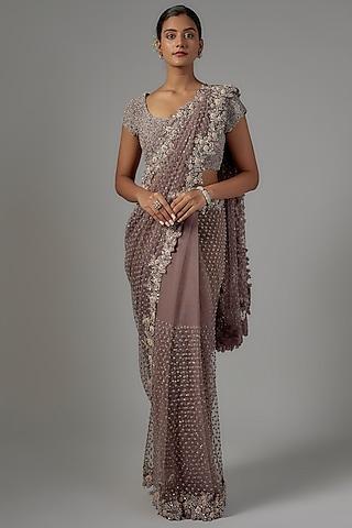 dusty purple net & viscose embroidered saree set