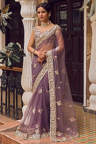 dusty purple net embroidered prestitched saree set
