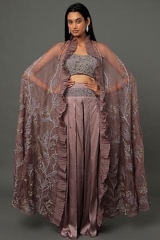 dusty purple organza sequins embroidered cape set