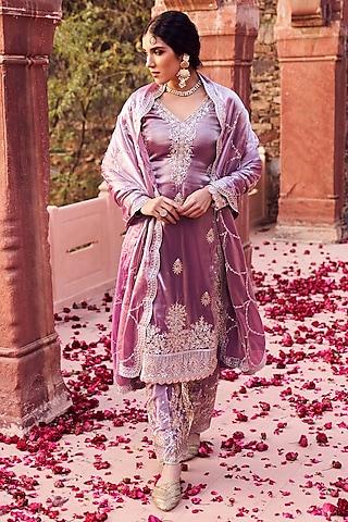 dusty purple organza zari embroidered kurta set