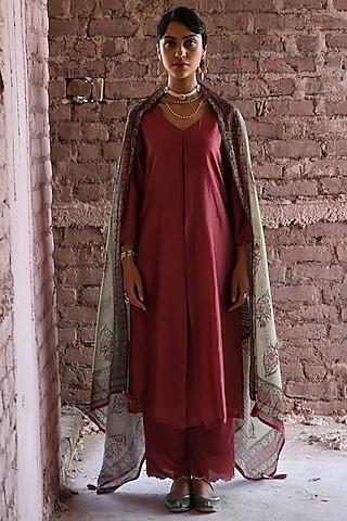 dusty red pure chanderi embellished a-line kurta set