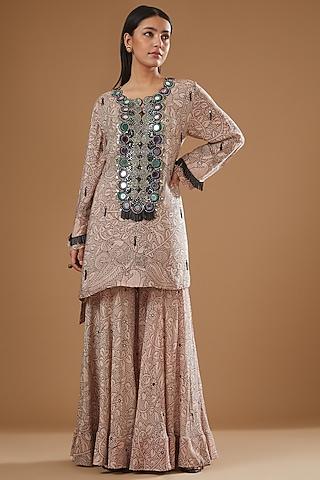 dusty rose crepe printed & hand embroidered kurta set