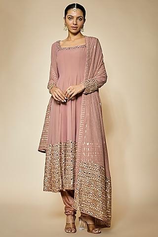 dusty rose pink georgette sequins embellished anarkali set