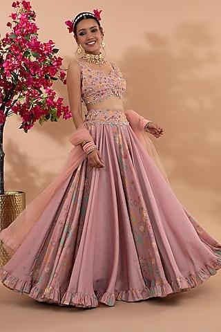 dusty rose pink satin floral printed lehenga set