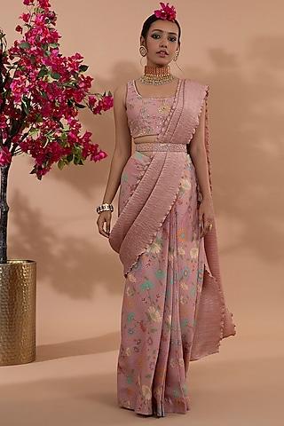 dusty rose pink satin floral printed pre-draped saree set