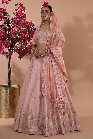 dusty rose pink silk floral printed lehenga set