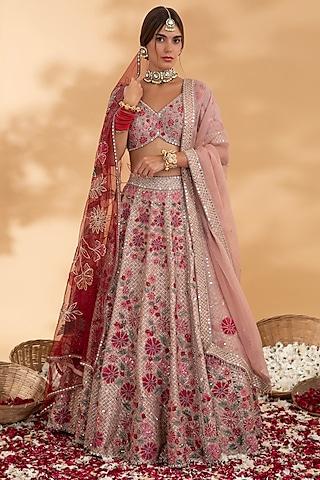 dusty rose raw silk floral applique & mirror hand embroidered lehenga set