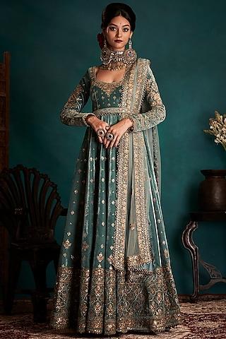 dusty turquoise embroidered anarkali set