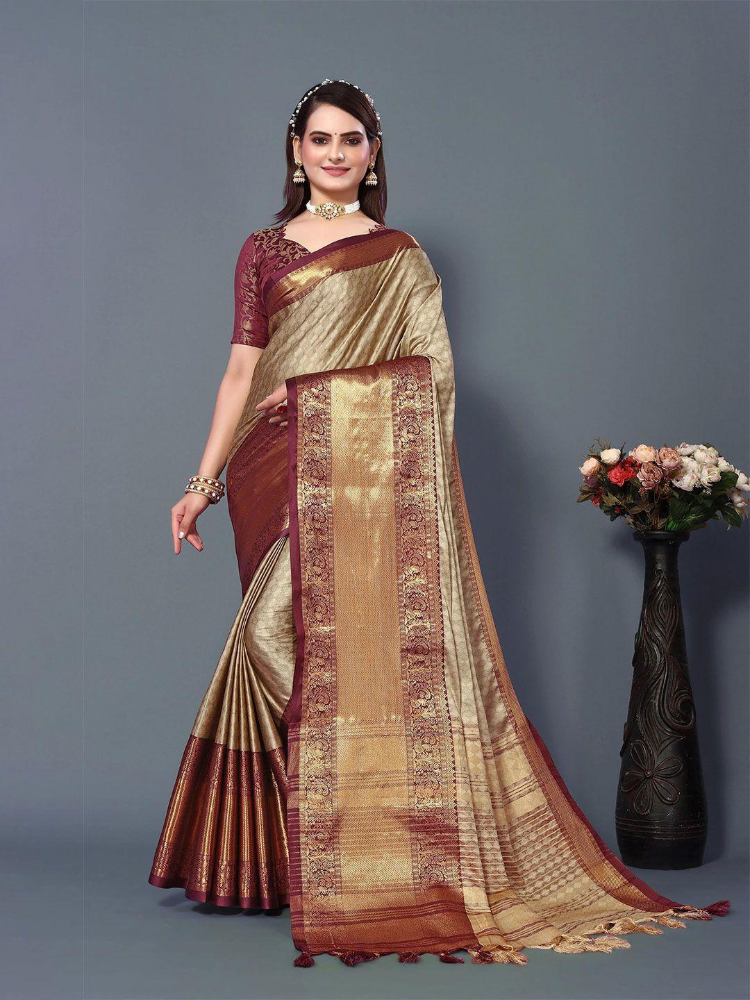 dwini beige & brown woven design zari silk cotton dharmavaram saree