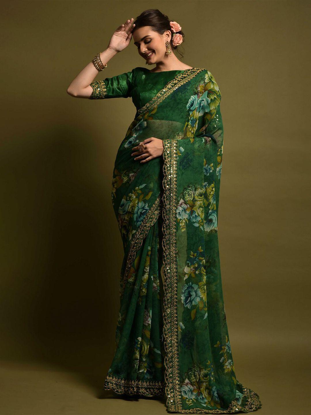 dwini green floral embroidered pure georgette saree