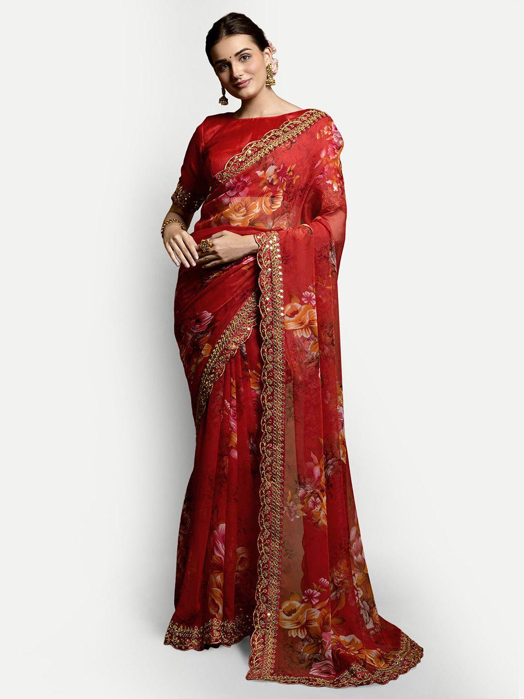 dwiza enterprise floral printed embroidered pure georgette saree