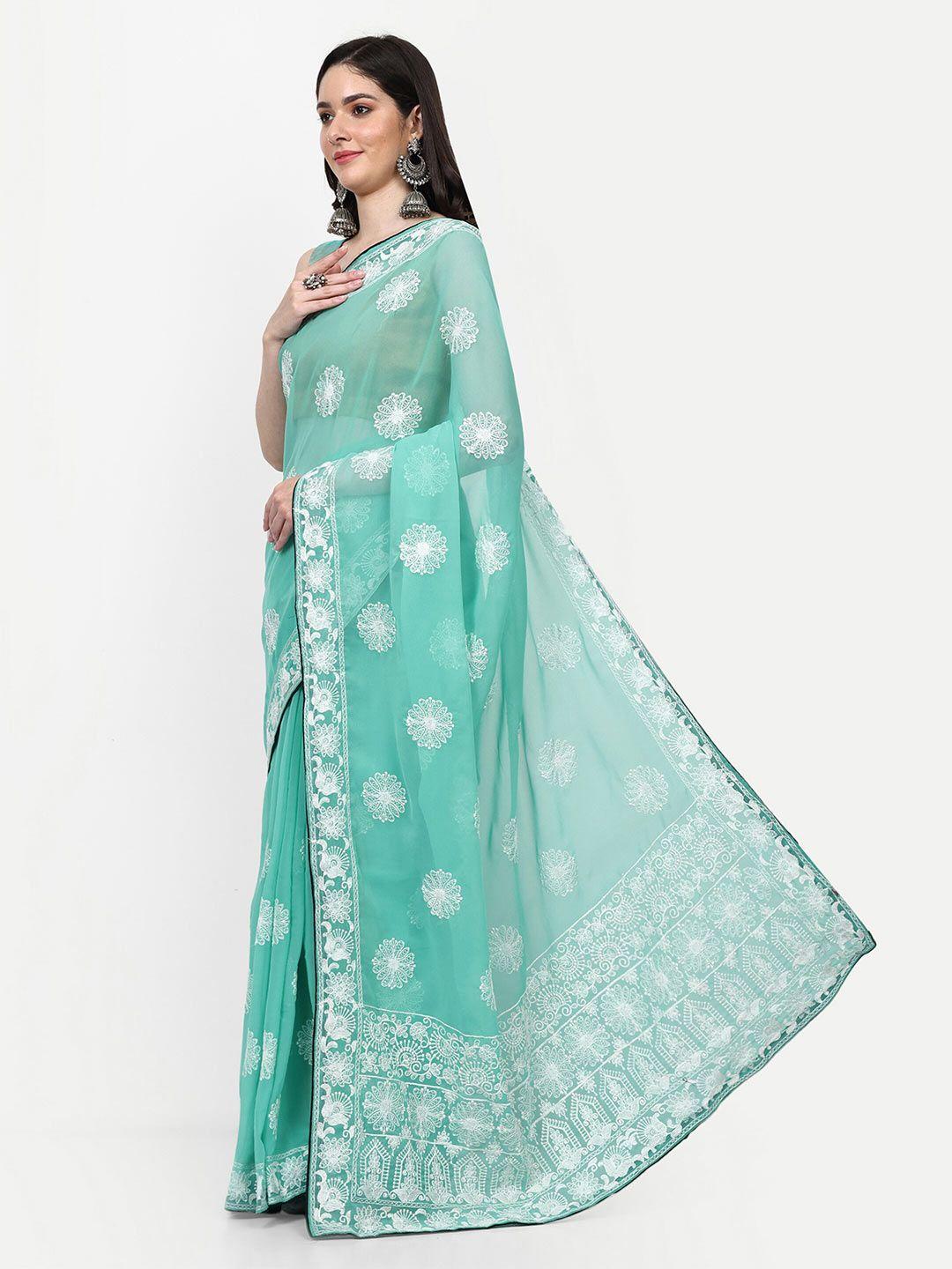 dwiza enterprise turquoise blue & white floral embroidered pure georgette saree