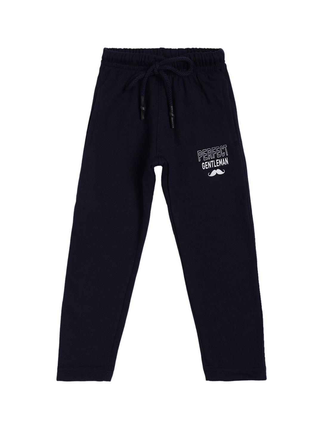 dyca boys navy blue solid knitted pure cotton track pants with typography print detail
