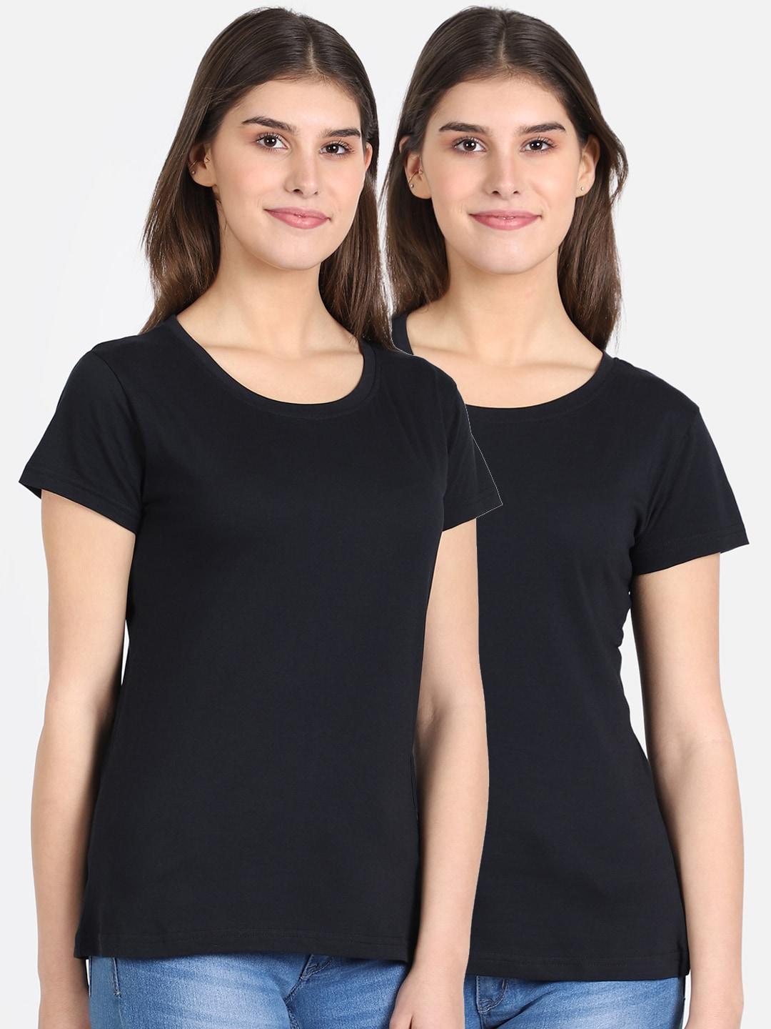 dyca women black pack of 2 solid round neck t-shirt