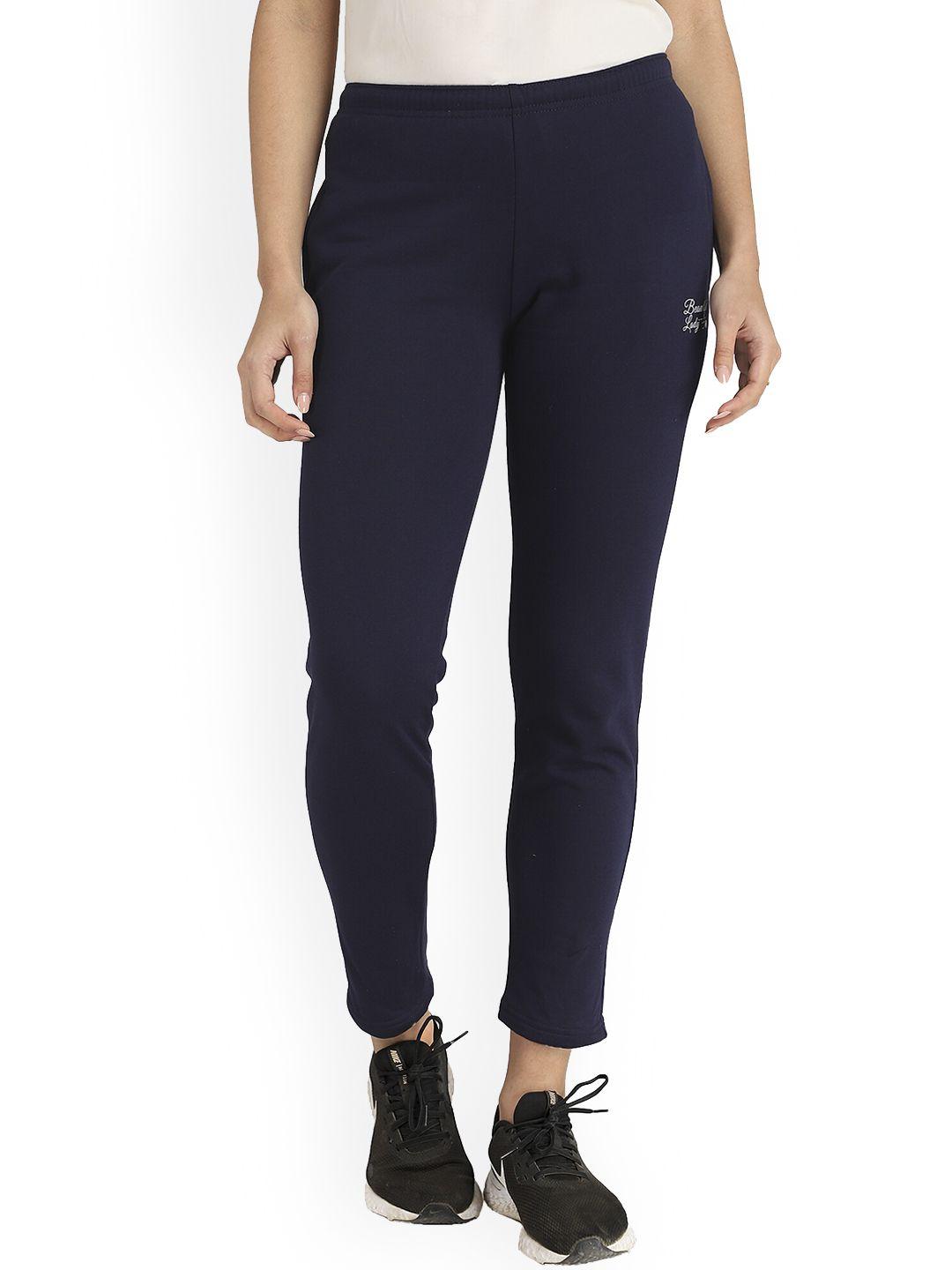 dyca women navy blue solid cotton track pants