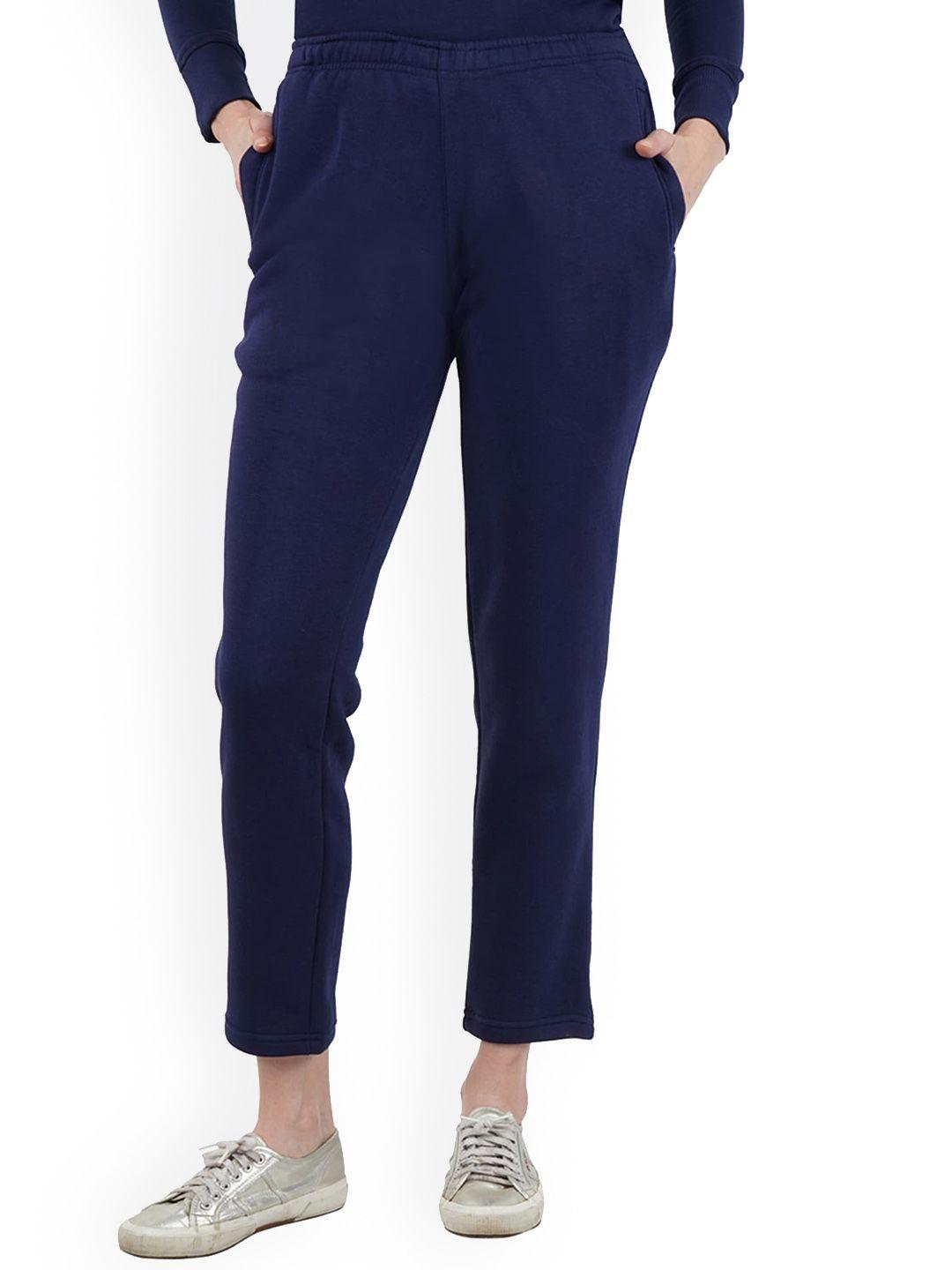 dyca women navy blue solid regular fit cotton track pant