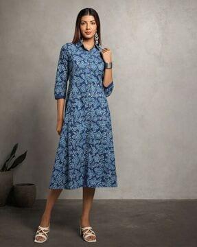 dye double dabu print cotton shirt flared dress