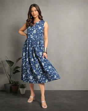 dye double dabu print sleeveless fit & flare dress