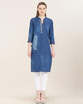 dyed/washed collar-neck straight kurta