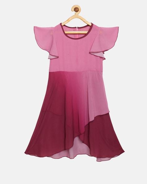 dyed/washed round neck frill half sleeve dress for girls