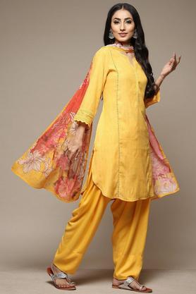 dyed cotton blend round neck women's salwar kurta dupatta set - yellow