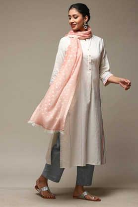 dyed cotton round neck women's kurta trouser set - off white