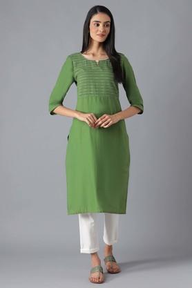 dyed cotton round neck womens ethnic set - green