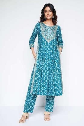 dyed full length viscose woven women's kurta pant set - teal