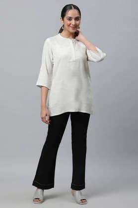 dyed viscose blend collared women's casual wear kurti - natural