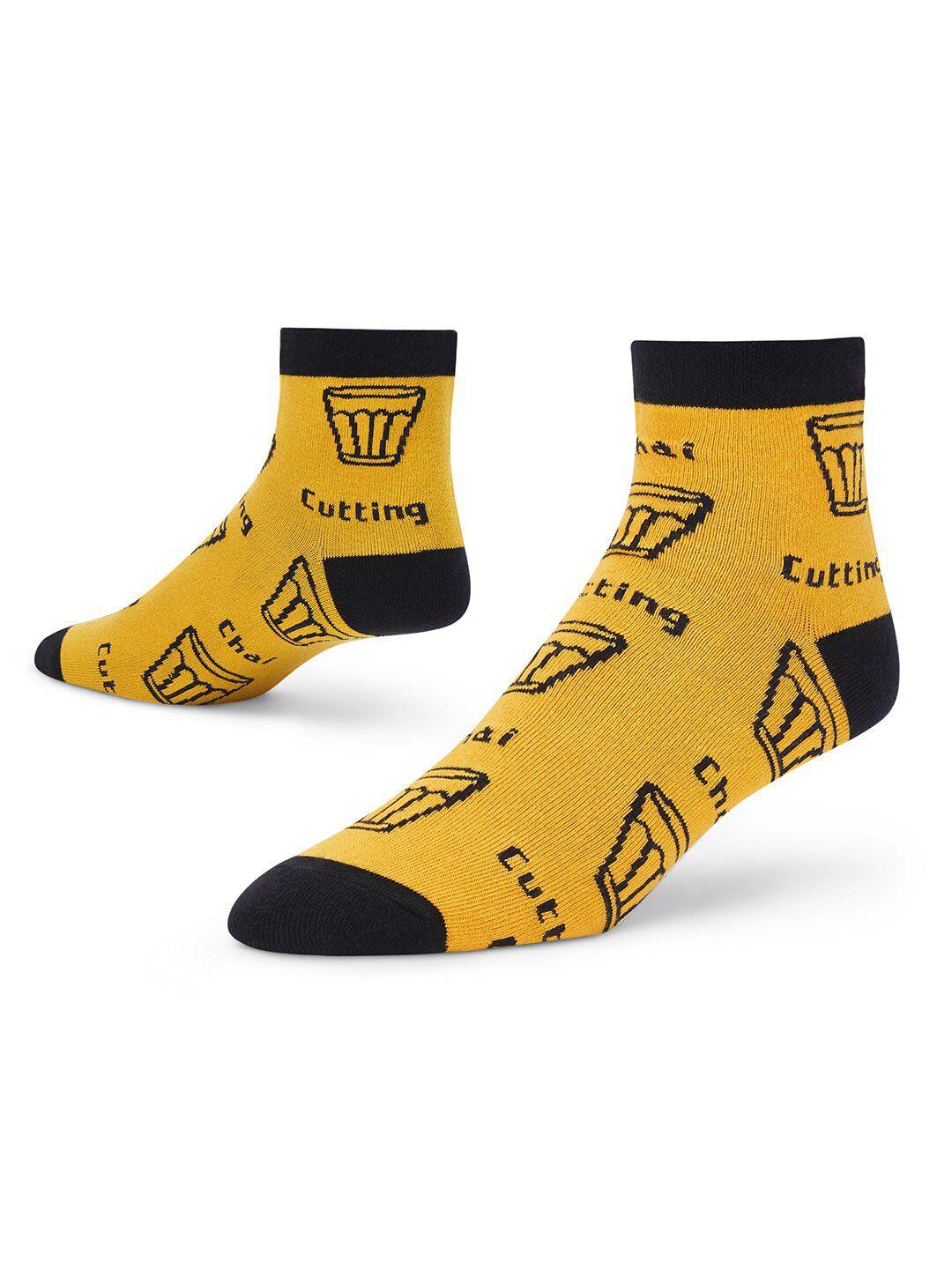 dynamocks mustard yellow & black conversational patterned ankle length socks