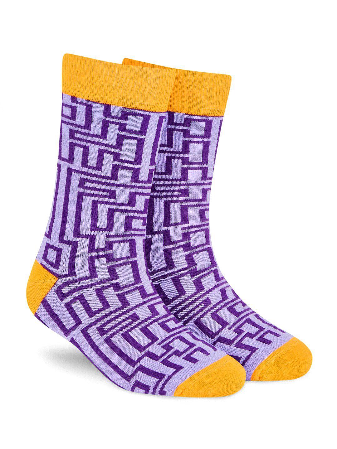 dynamocks unisex purple & yellow patterned calf-length socks