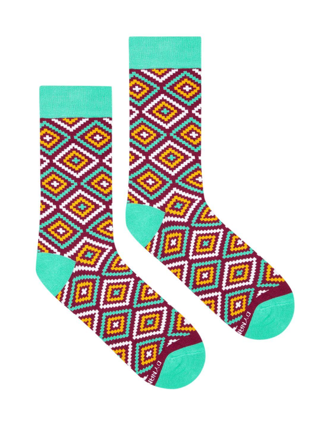 dynamocks unisex sea green & red rangoli patterned calf-length socks