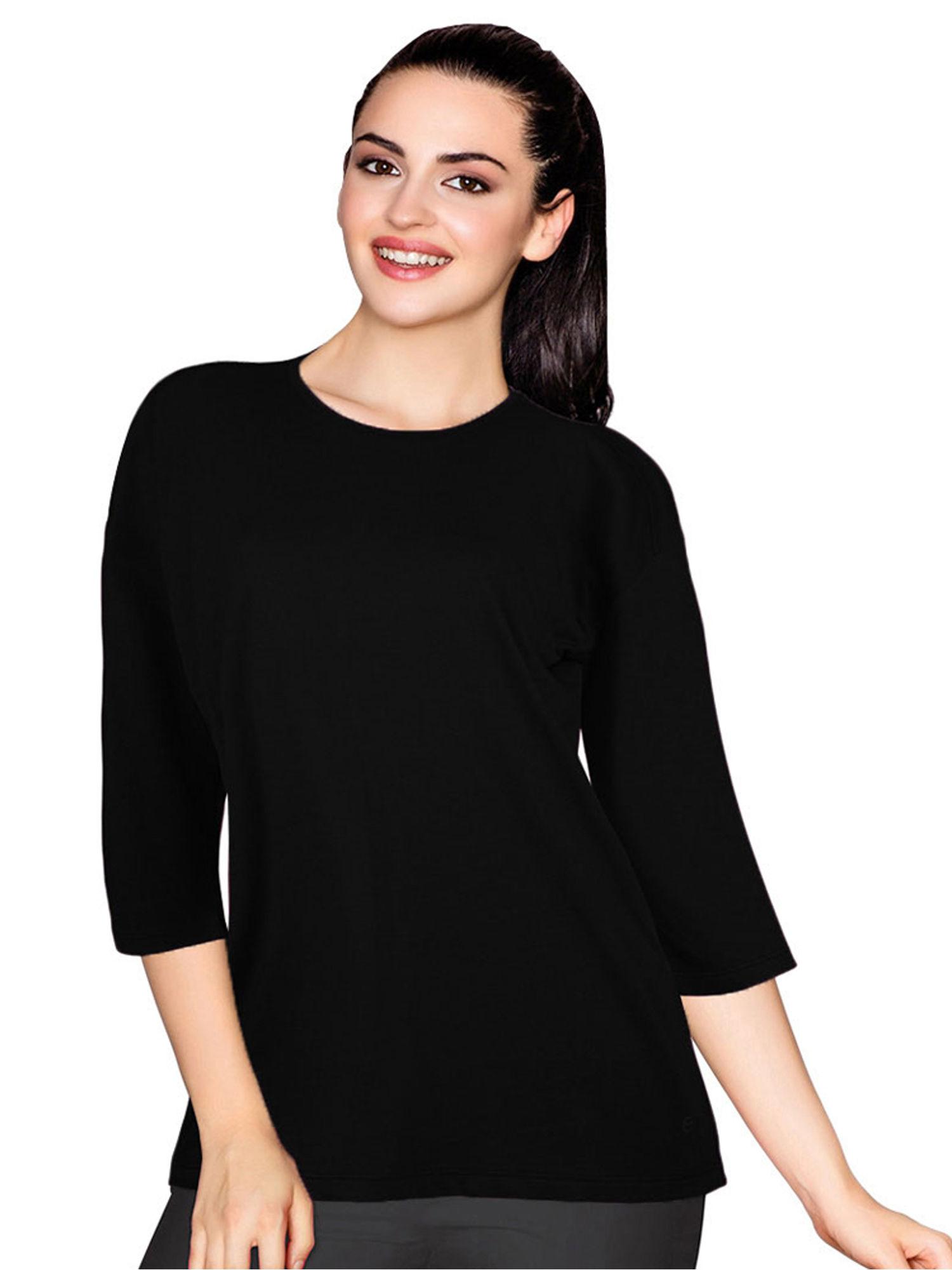 e037 cotton 3/4 sleeve lounge tee -jet black with graphic