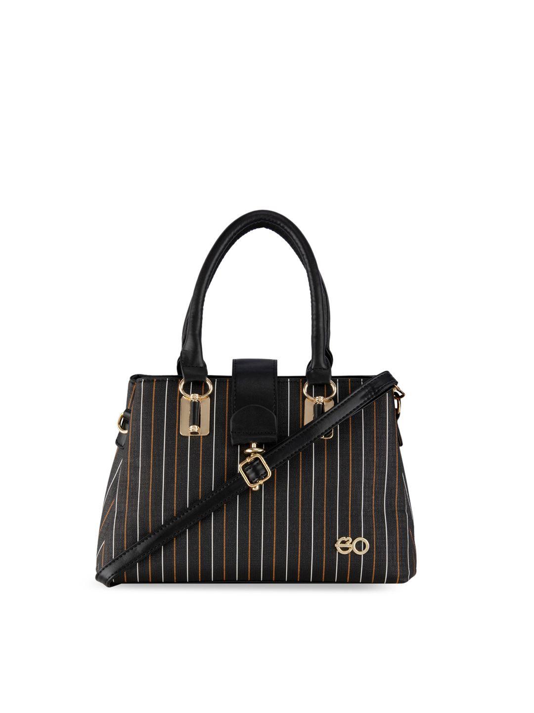 e2o black striped pu structured handheld bag with tasselled