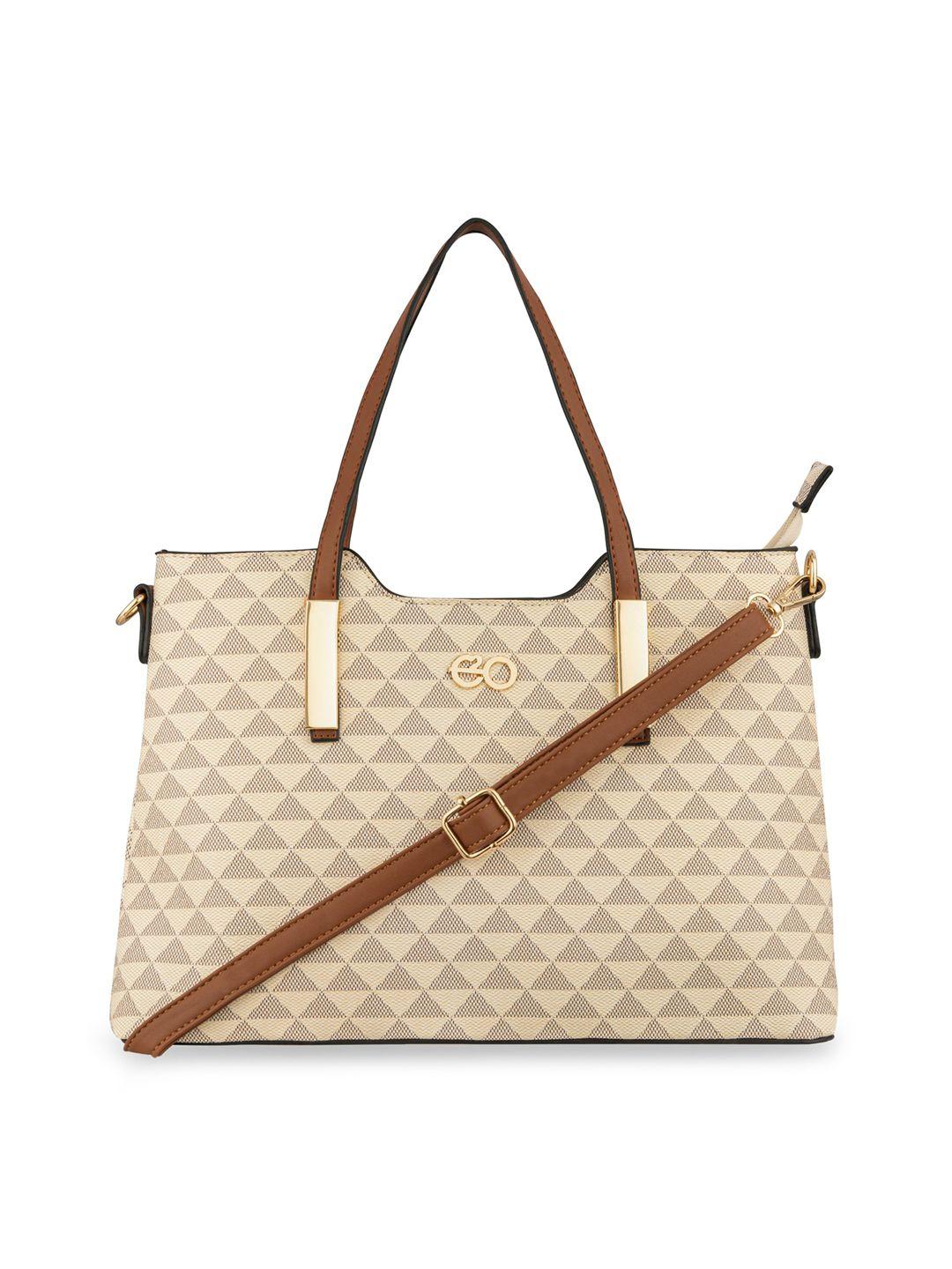 e2o women beige geometric pu shopper handheld handbag