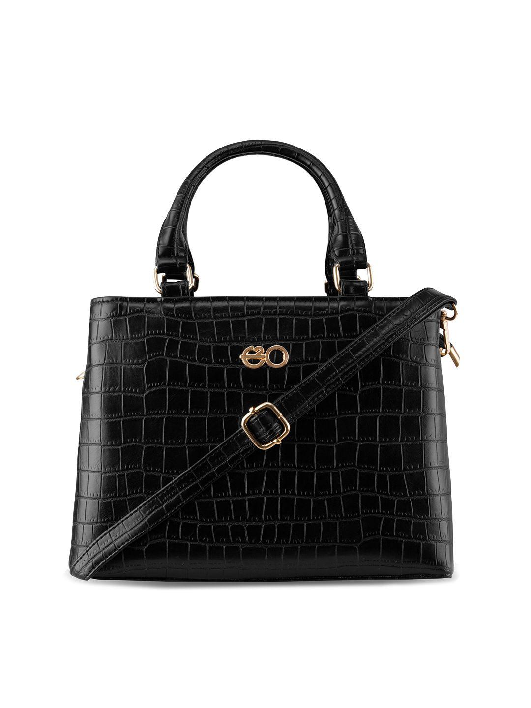 e2o women black textured pu structured handbag