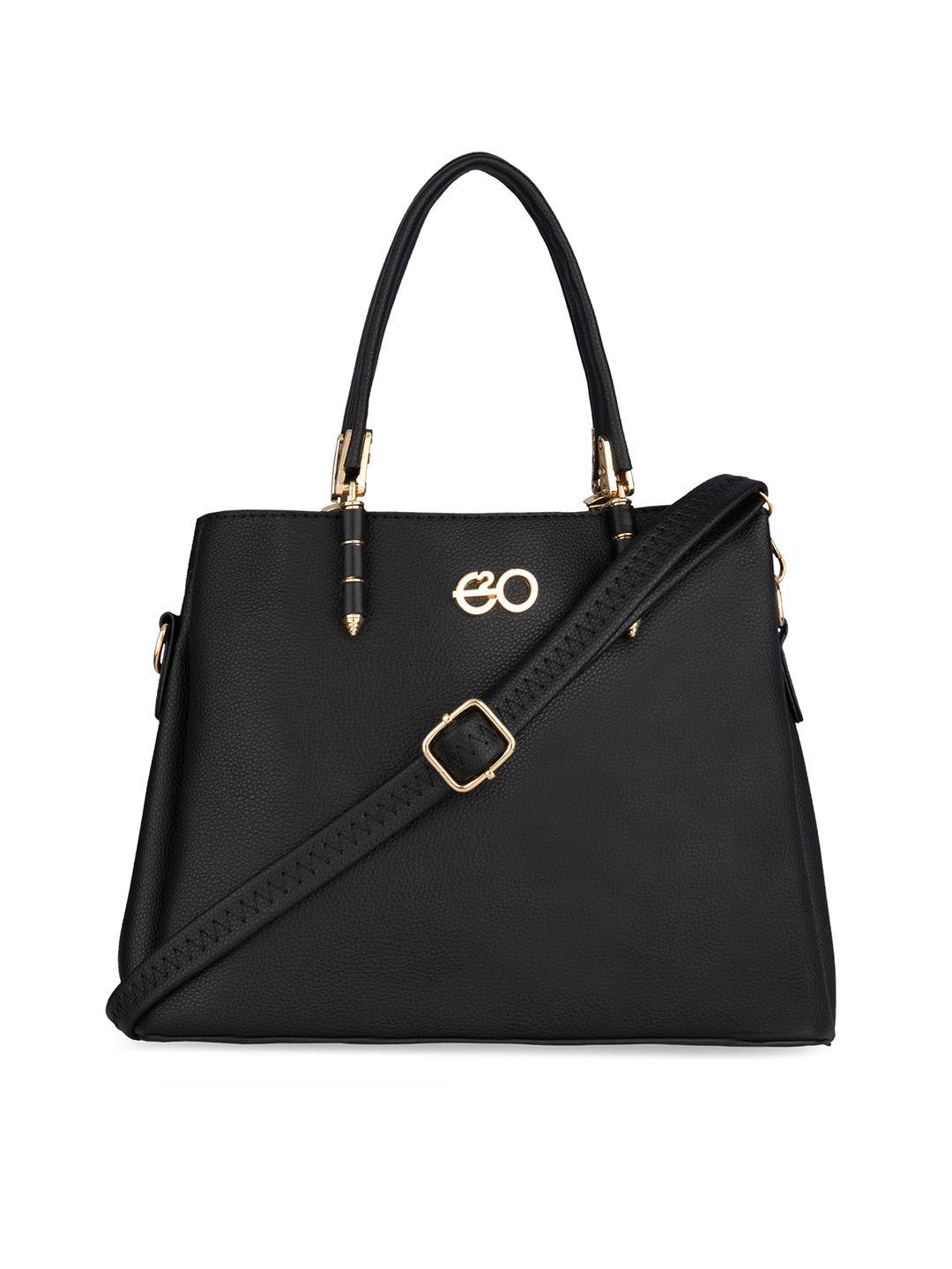 e2o women black textured structured handheld handbag