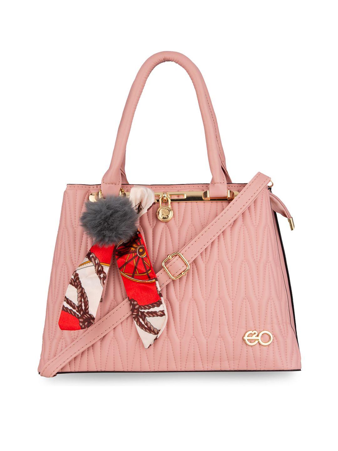 e2o women peach-coloured textured pu structured handheld bag with quilted