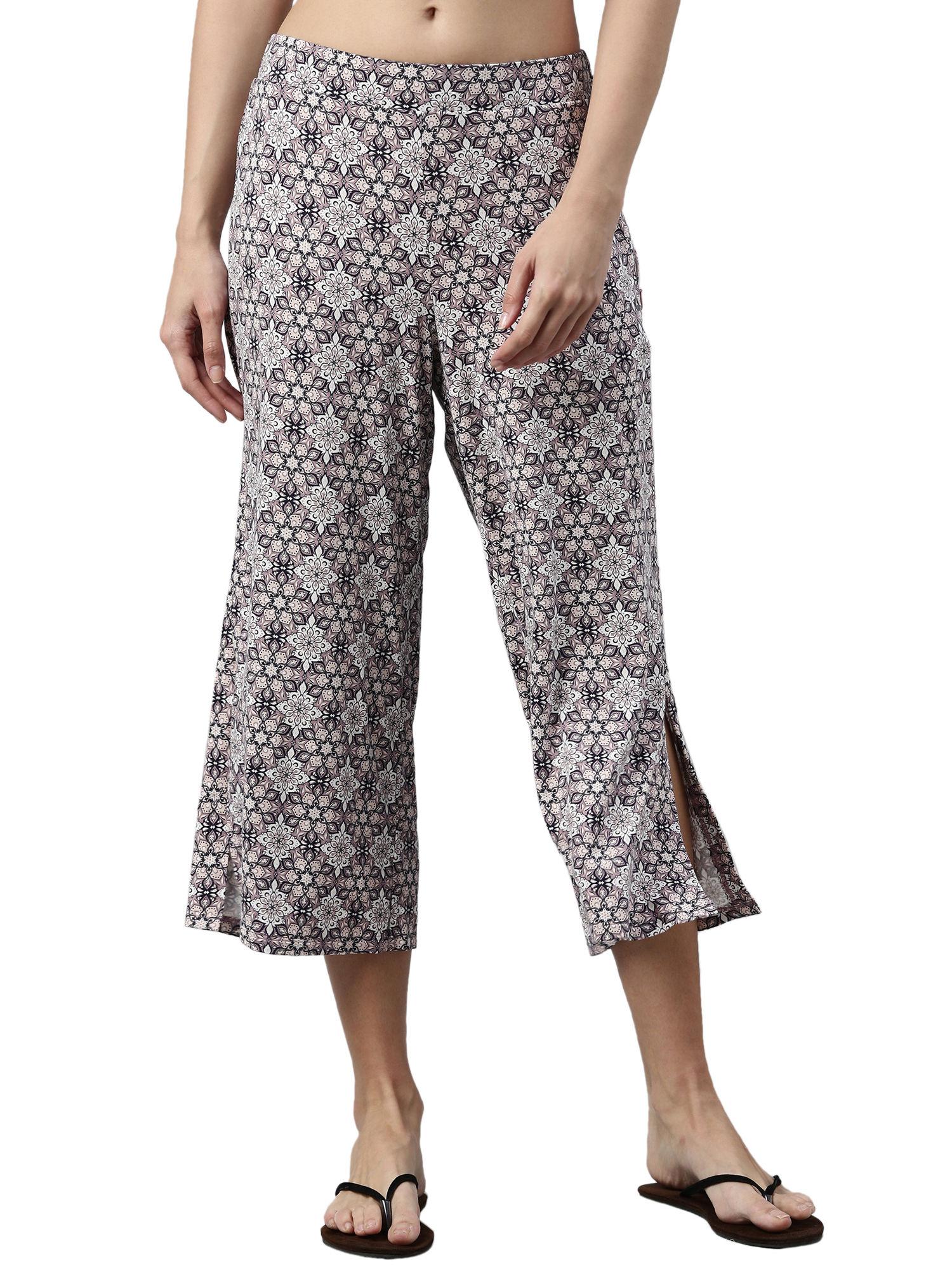 ea64 women's mauve mid rise all over print crop length palazzo pants