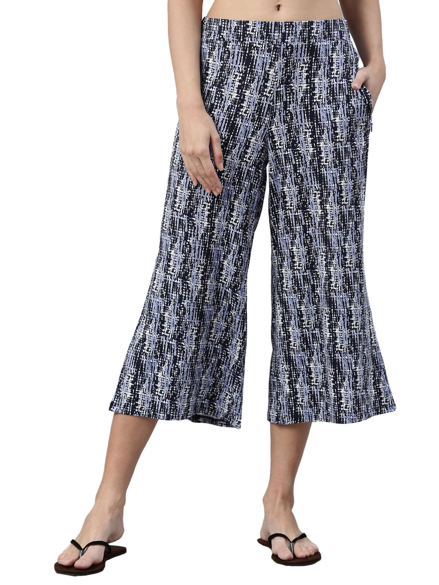 ea64 women's navy mid rise all over print crop length palazzo pants