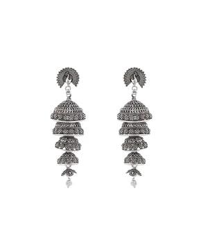 ear-m-40038-sil designer silver plated party wear 5 floor jhumka earrings